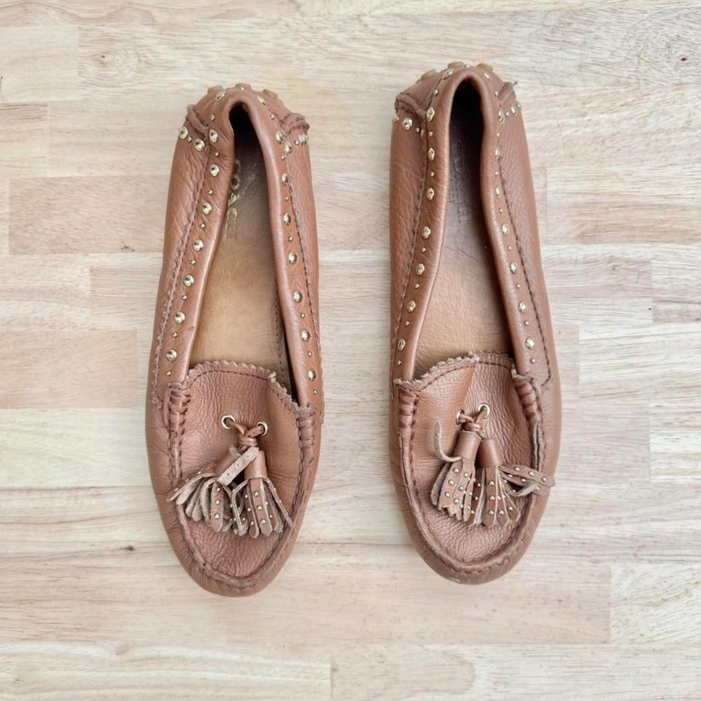 Coach Brown Leather and Gold Stud Flats‎ tassel fringe 5.5 loafer